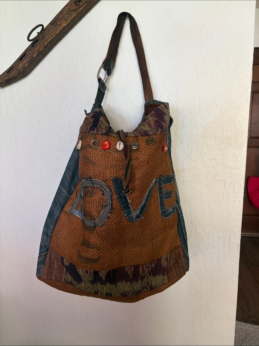Handcrafted Boho 'Love' Patchwork Shoulder Bag in Brown/One Of A Kind